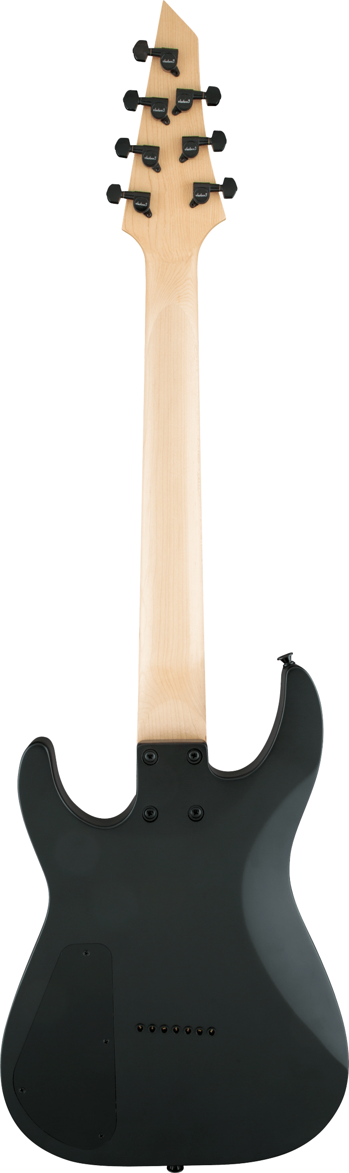 The image shows the back of an 8-string electric guitar with a light-colored, angular headstock featuring 8 black tuning pegs in a 4+4 layout. The long, straight neck matches the headstock’s wood tone. The dark, sleek body has screws likely securing the neck and hardware. This modern, extended-range guitar is designed for genres needing extra low-end, such as metal or progressive rock, with a clean, minimalist design.