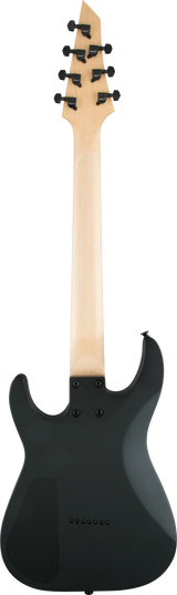 The image shows the back of an 8-string electric guitar with a light-colored, angular headstock featuring 8 black tuning pegs in a 4+4 layout. The long, straight neck matches the headstock’s wood tone. The dark, sleek body has screws likely securing the neck and hardware. This modern, extended-range guitar is designed for genres needing extra low-end, such as metal or progressive rock, with a clean, minimalist design.