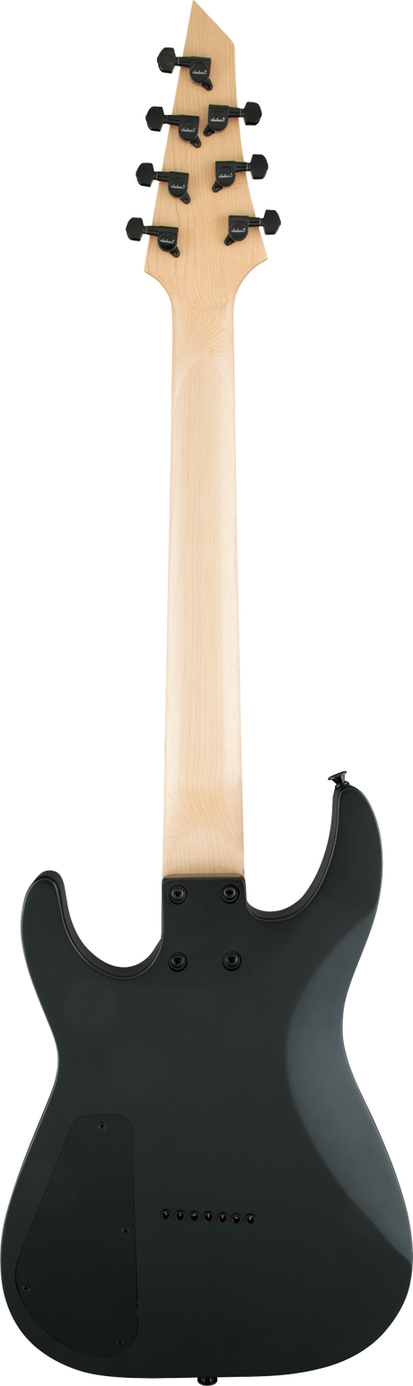 The image shows the back of an 8-string electric guitar with a light-colored, angular headstock featuring 8 black tuning pegs in a 4+4 layout. The long, straight neck matches the headstock’s wood tone. The dark, sleek body has screws likely securing the neck and hardware. This modern, extended-range guitar is designed for genres needing extra low-end, such as metal or progressive rock, with a clean, minimalist design.