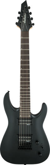 The image shows a matte black Jackson 7-string electric guitar with a superstrat body style. It features dual humbucker pickups, a fixed bridge, and black hardware. The angular Jackson headstock, dark fretboard with white markers, and simple controls highlight its minimalist design. Built for metal and rock, it offers extended range and aggressive tone typical of Jackson guitars.