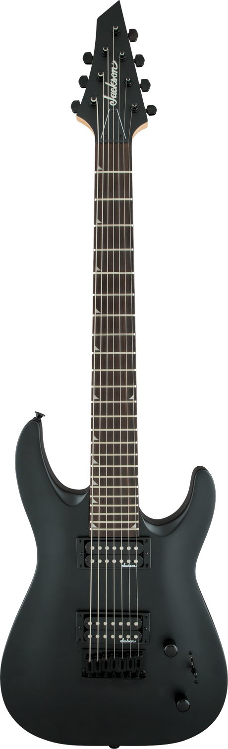 The image shows a matte black Jackson 7-string electric guitar with a superstrat body style. It features dual humbucker pickups, a fixed bridge, and black hardware. The angular Jackson headstock, dark fretboard with white markers, and simple controls highlight its minimalist design. Built for metal and rock, it offers extended range and aggressive tone typical of Jackson guitars.