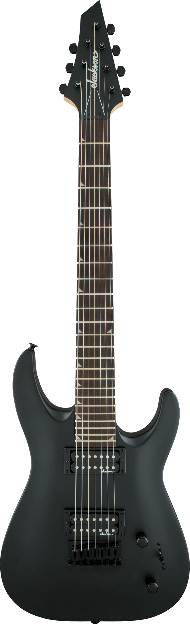 The image shows a matte black Jackson 7-string electric guitar with a superstrat body style. It features dual humbucker pickups, a fixed bridge, and black hardware. The angular Jackson headstock, dark fretboard with white markers, and simple controls highlight its minimalist design. Built for metal and rock, it offers extended range and aggressive tone typical of Jackson guitars.