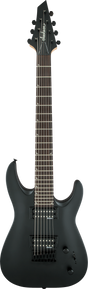The image shows a matte black Jackson 7-string electric guitar with a superstrat body style. It features dual humbucker pickups, a fixed bridge, and black hardware. The angular Jackson headstock, dark fretboard with white markers, and simple controls highlight its minimalist design. Built for metal and rock, it offers extended range and aggressive tone typical of Jackson guitars.