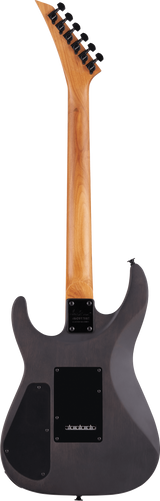 The image shows the back of a modern electric guitar with a dark-colored body and a natural wood neck featuring visible grain. The angular headstock has six black tuning pegs. Visible hardware includes a neck plate and electronic cavity covers, all in black. The sleek superstrat-style design combines contrast and sharp lines, suggesting a mid-to-high-end guitar suited for rock or metal genres.