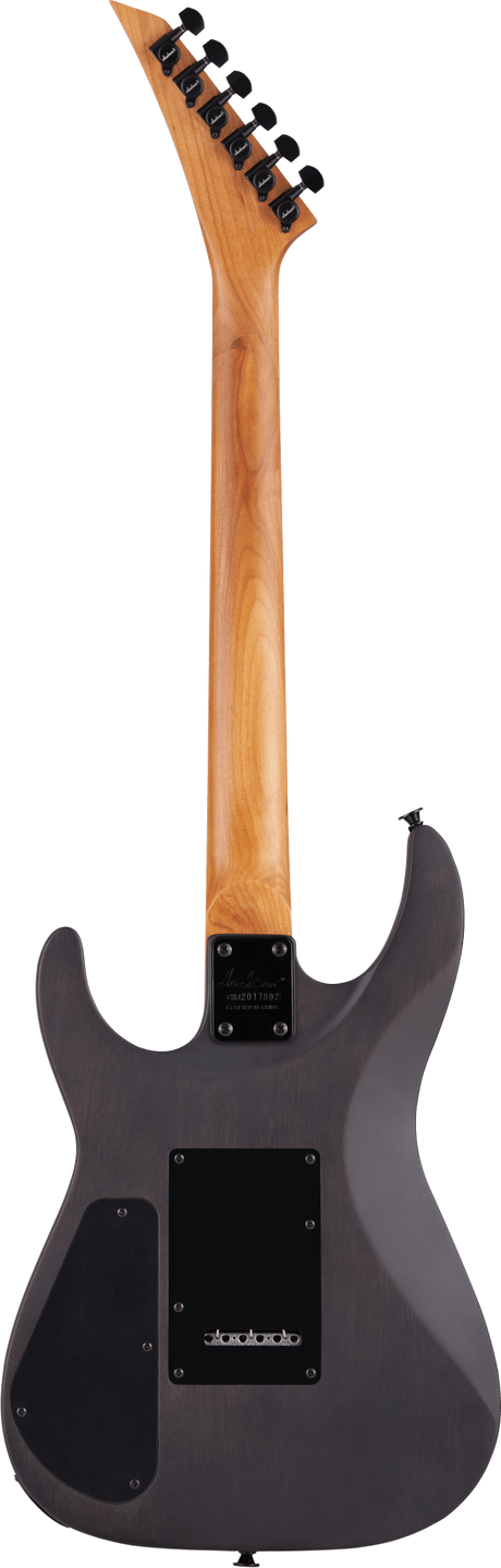 The image shows the back of a modern electric guitar with a dark-colored body and a natural wood neck featuring visible grain. The angular headstock has six black tuning pegs. Visible hardware includes a neck plate and electronic cavity covers, all in black. The sleek superstrat-style design combines contrast and sharp lines, suggesting a mid-to-high-end guitar suited for rock or metal genres.