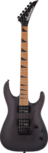 The image shows a Jackson solid-body electric guitar with a black pointed headstock featuring the Jackson logo. It has six black tuners in a row, a bolt-on maple neck with a dark fretboard and block inlays, and a matte black double-cutaway body. Equipped with two black humbucker pickups, black hardware, and standard volume/tone controls, it resembles a Jackson Dinky, known for its sleek, modern look and suitability for rock and metal genres.
