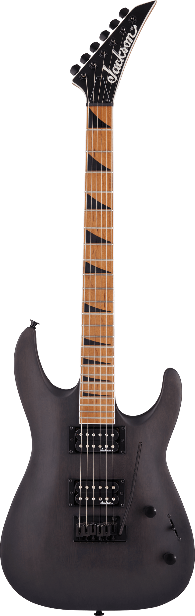 The image shows a Jackson solid-body electric guitar with a black pointed headstock featuring the Jackson logo. It has six black tuners in a row, a bolt-on maple neck with a dark fretboard and block inlays, and a matte black double-cutaway body. Equipped with two black humbucker pickups, black hardware, and standard volume/tone controls, it resembles a Jackson Dinky, known for its sleek, modern look and suitability for rock and metal genres.