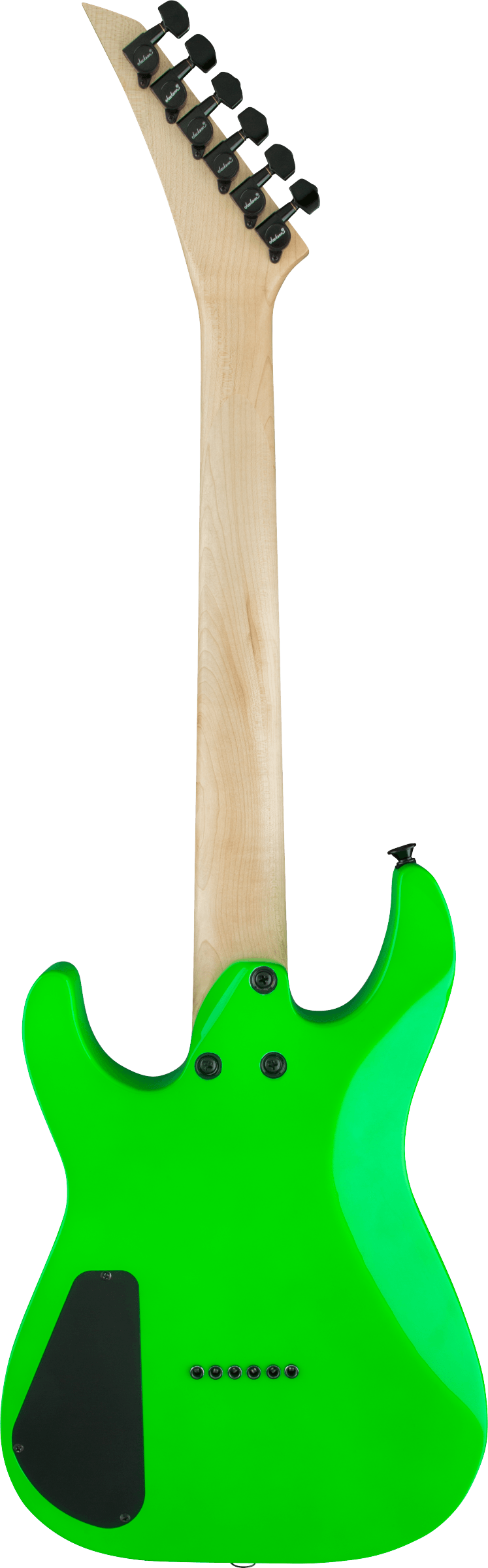 The image shows the back of a modern electric guitar with a vibrant neon green double-cutaway body. It features a natural maple neck and pointed headstock with six black tuning pegs in a 6-in-line setup. Visible are mounting screws near the neck joint and a black rectangular electronics cavity, likely for battery or access, highlighting its bold, contemporary design.