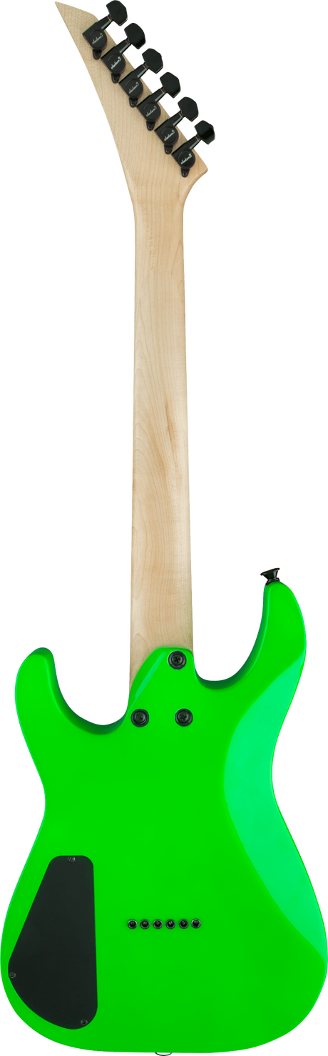 The image shows the back of a modern electric guitar with a vibrant neon green double-cutaway body. It features a natural maple neck and pointed headstock with six black tuning pegs in a 6-in-line setup. Visible are mounting screws near the neck joint and a black rectangular electronics cavity, likely for battery or access, highlighting its bold, contemporary design.