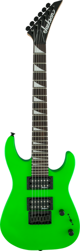 The image shows a Jackson electric guitar with a vibrant neon green superstrat body and a pointed headstock featuring the Jackson logo. It has dual humbucker pickups, a Floyd Rose-style tremolo, black hardware, two control knobs, and six black tuning pegs. The neck is bolt-on with a dark fretboard and white block inlays. The high-gloss finish and design suit rock and metal players seeking classic Jackson style and performance.