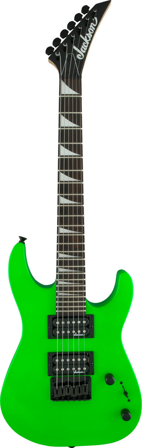 The image shows a Jackson electric guitar with a vibrant neon green superstrat body and a pointed headstock featuring the Jackson logo. It has dual humbucker pickups, a Floyd Rose-style tremolo, black hardware, two control knobs, and six black tuning pegs. The neck is bolt-on with a dark fretboard and white block inlays. The high-gloss finish and design suit rock and metal players seeking classic Jackson style and performance.