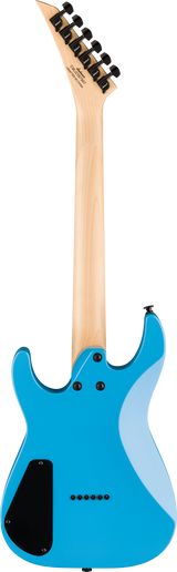 The image shows the back of a modern electric guitar with a bright blue solid body and a natural maple neck. It features a 6-inline natural wood headstock with black tuning pegs, a black pickup cavity cover, and a tremolo spring cavity. The guitar has a classic double-cutaway shape, similar to a Stratocaster, with subtle branding on the headstock. The clean, professional photo suggests a retail or promotional product image.