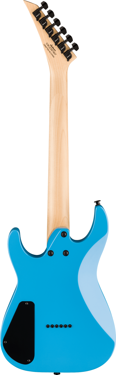 The image shows the back of a modern electric guitar with a bright blue solid body and a natural maple neck. It features a 6-inline natural wood headstock with black tuning pegs, a black pickup cavity cover, and a tremolo spring cavity. The guitar has a classic double-cutaway shape, similar to a Stratocaster, with subtle branding on the headstock. The clean, professional photo suggests a retail or promotional product image.