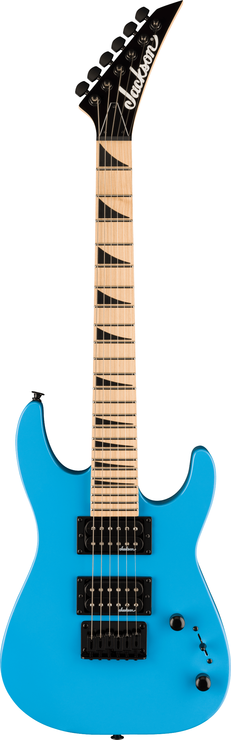 The image shows a Jackson electric guitar with a bright blue superstrat body, HSH black pickups, and black hardware. It features a maple fretboard with black shark fin inlays, a black pointed headstock with the Jackson logo, and six black tuning pegs. Volume and tone knobs and a pickup selector are visible. This modern Jackson model is designed for rock and metal with its fast neck and aggressive style.