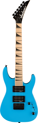 The image shows a Jackson electric guitar with a bright blue superstrat body, HSH black pickups, and black hardware. It features a maple fretboard with black shark fin inlays, a black pointed headstock with the Jackson logo, and six black tuning pegs. Volume and tone knobs and a pickup selector are visible. This modern Jackson model is designed for rock and metal with its fast neck and aggressive style.