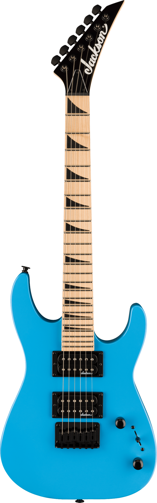 The image shows a Jackson electric guitar with a bright blue superstrat body, HSH black pickups, and black hardware. It features a maple fretboard with black shark fin inlays, a black pointed headstock with the Jackson logo, and six black tuning pegs. Volume and tone knobs and a pickup selector are visible. This modern Jackson model is designed for rock and metal with its fast neck and aggressive style.