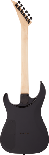 The image shows the back of a modern electric guitar with a sleek black body and a natural wood-colored maple neck. It features six black tuning pegs, a bolt-on neck with a visible neck plate, and a solid, stratocaster-style body with curved cutaways. The guitar’s classic design and contrasting colors highlight its professional look, commonly used in rock, blues, and pop music.