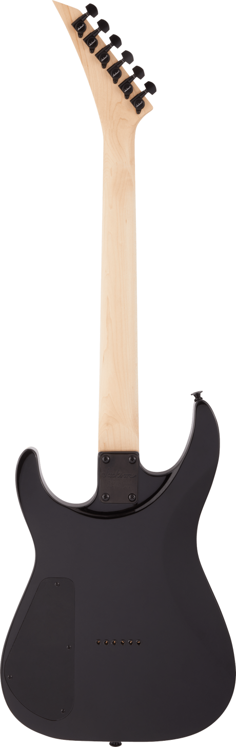 The image shows the back of a modern electric guitar with a sleek black body and a natural wood-colored maple neck. It features six black tuning pegs, a bolt-on neck with a visible neck plate, and a solid, stratocaster-style body with curved cutaways. The guitar’s classic design and contrasting colors highlight its professional look, commonly used in rock, blues, and pop music.