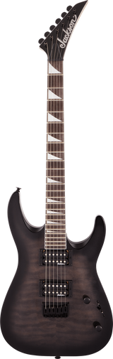 The image shows a Jackson electric guitar with a dark finish and classic double-cutaway body. It features two humbucker pickups, a dark rosewood or ebony fretboard with triangular inlays, six tuning pegs on an angled headstock, a Floyd Rose-style tremolo bridge, and volume and tone knobs. This model resembles Jackson's Soloist or Dinky series, popular for rock and metal styles, photographed against a white background.