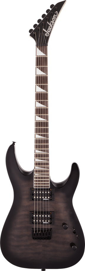The image shows a Jackson electric guitar with a dark finish and classic double-cutaway body. It features two humbucker pickups, a dark rosewood or ebony fretboard with triangular inlays, six tuning pegs on an angled headstock, a Floyd Rose-style tremolo bridge, and volume and tone knobs. This model resembles Jackson's Soloist or Dinky series, popular for rock and metal styles, photographed against a white background.