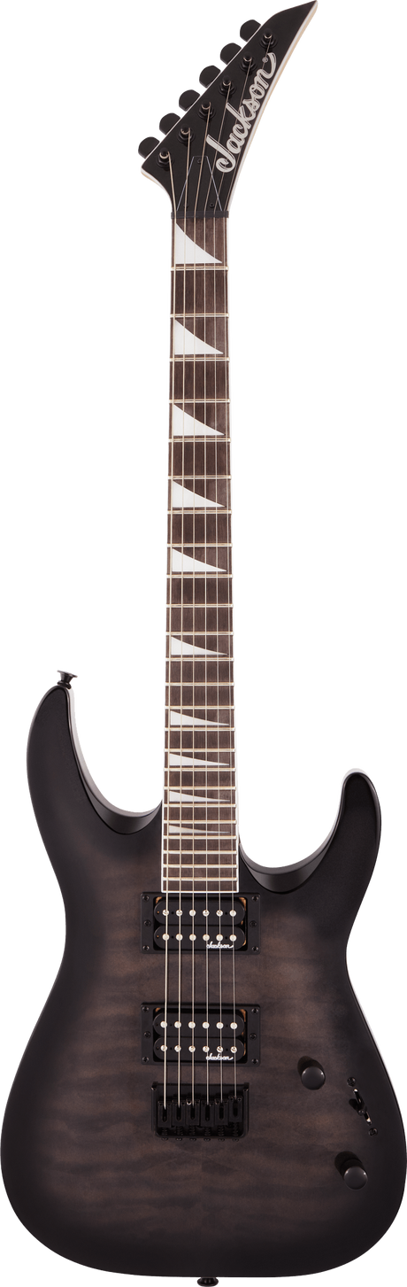 The image shows a Jackson electric guitar with a dark finish and classic double-cutaway body. It features two humbucker pickups, a dark rosewood or ebony fretboard with triangular inlays, six tuning pegs on an angled headstock, a Floyd Rose-style tremolo bridge, and volume and tone knobs. This model resembles Jackson's Soloist or Dinky series, popular for rock and metal styles, photographed against a white background.