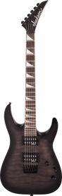The image shows a Jackson electric guitar with a dark finish and classic double-cutaway body. It features two humbucker pickups, a dark rosewood or ebony fretboard with triangular inlays, six tuning pegs on an angled headstock, a Floyd Rose-style tremolo bridge, and volume and tone knobs. This model resembles Jackson's Soloist or Dinky series, popular for rock and metal styles, photographed against a white background.