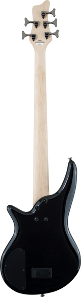 The image shows the back of a five-string electric bass guitar with a long neck and natural wood finish on the neck and headstock. It has a glossy black body with dark tuning machines and five tuning pegs. The curved body shape is typical of modern bass guitars, and the instrument appears high-quality, suitable for various music styles like rock, jazz, funk, and contemporary genres.