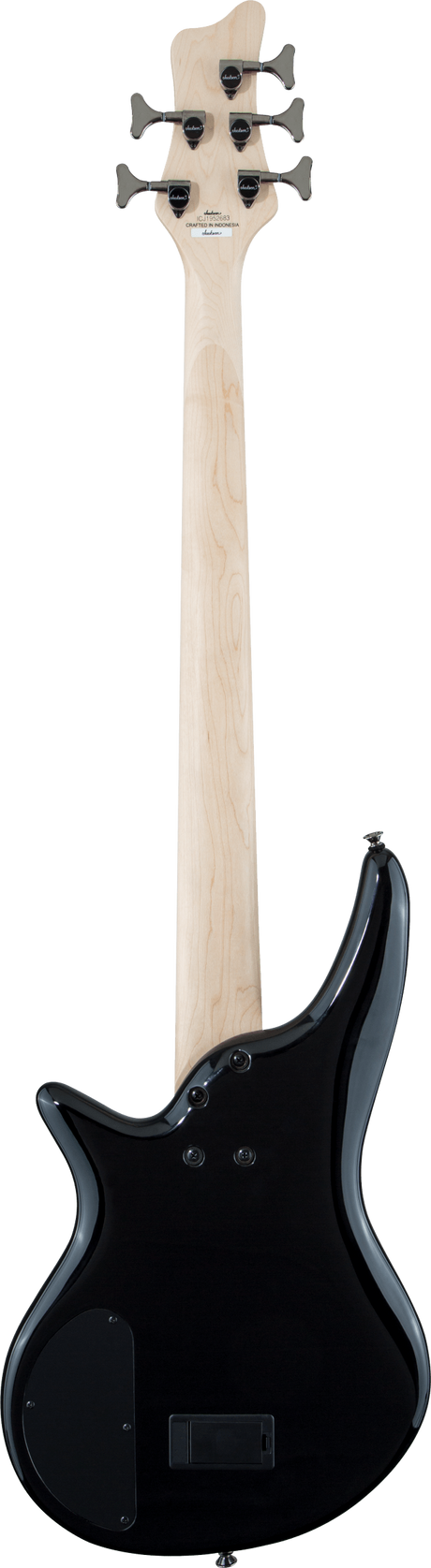 The image shows the back of a five-string electric bass guitar with a long neck and natural wood finish on the neck and headstock. It has a glossy black body with dark tuning machines and five tuning pegs. The curved body shape is typical of modern bass guitars, and the instrument appears high-quality, suitable for various music styles like rock, jazz, funk, and contemporary genres.