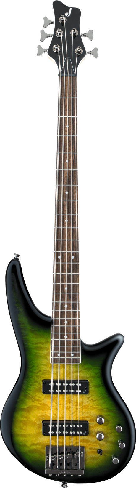 The image shows a 5-string electric bass guitar with a sunburst finish fading from black to green to golden yellow. It features a contoured modern body, two pickups, 4-5 control knobs, and chrome hardware. The dark wooden neck has traditional fret markers, and the headstock holds 5 tuning pegs and a brand logo. This professional-quality bass offers extended range and versatility for multiple music styles.