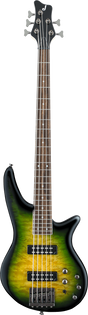 The image shows the front of a Jackson  JS Series Spectra Bass JS3QVa. A 5-string electric bass guitar with a sunburst finish fading called Alien Burst from black to green to golden yellow. It features a contoured modern body, two pickups, 5 control knobs, and chrome hardware. The dark wooden neck has traditional fret markers, and the headstock holds 5 tuning pegs and a brand logo. This professional-quality bass offers extended range and versatility for multiple music styles.