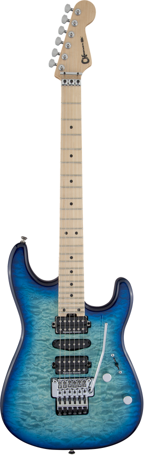 The image shows an electric guitar with a blue burst finish transitioning from deep blue edges to a lighter blue-green center, revealing a quilted maple top. It has a double-cutaway body, maple neck with dot inlays, and chrome hardware. Features include two humbucker pickups with white rings, a Floyd Rose-style locking tremolo bridge, two control knobs, chrome tuning machines, and a locking nut, designed for versatile playing and vibrato effects.