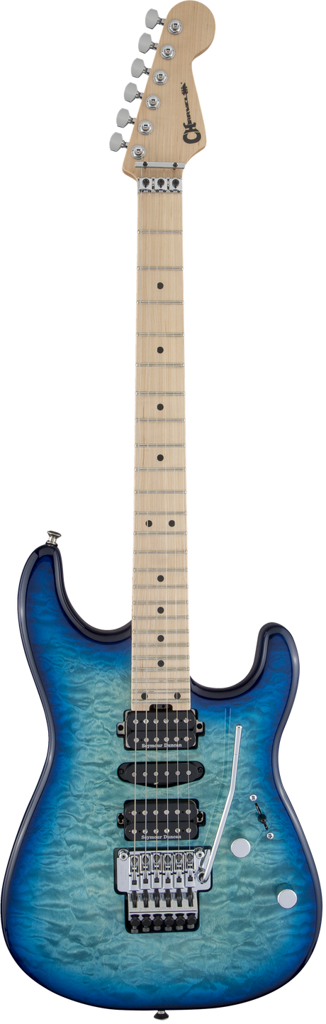 The image shows an electric guitar with a blue burst finish transitioning from deep blue edges to a lighter blue-green center, revealing a quilted maple top. It has a double-cutaway body, maple neck with dot inlays, and chrome hardware. Features include two humbucker pickups with white rings, a Floyd Rose-style locking tremolo bridge, two control knobs, chrome tuning machines, and a locking nut, designed for versatile playing and vibrato effects.
