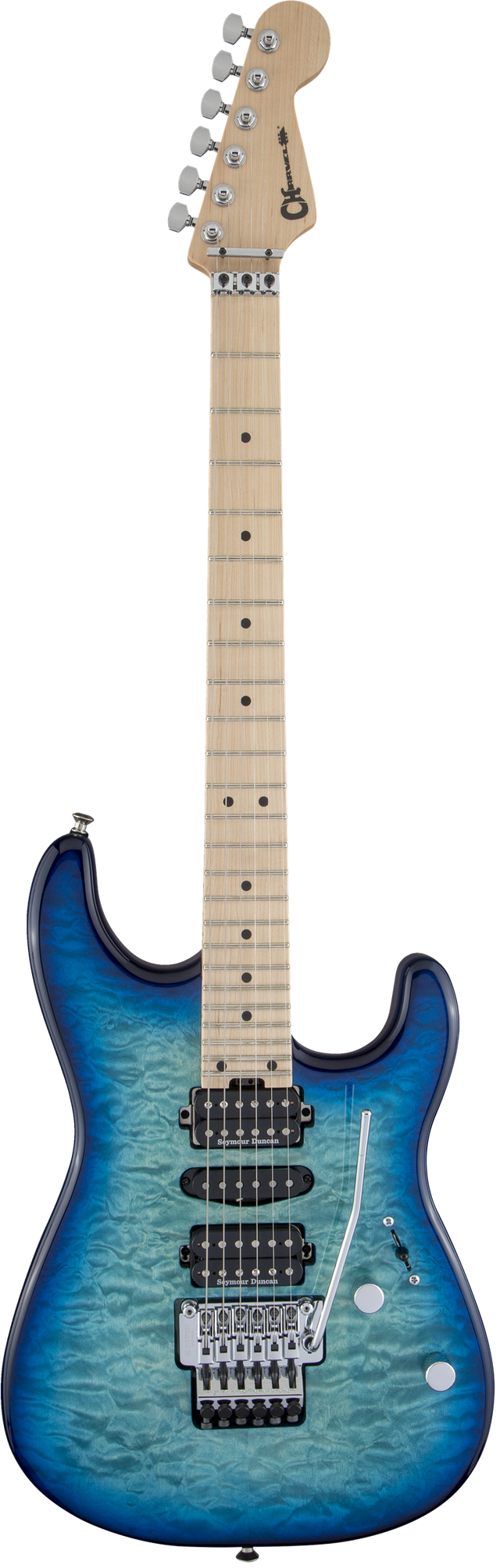 The image shows an electric guitar with a blue burst finish transitioning from deep blue edges to a lighter blue-green center, revealing a quilted maple top. It has a double-cutaway body, maple neck with dot inlays, and chrome hardware. Features include two humbucker pickups with white rings, a Floyd Rose-style locking tremolo bridge, two control knobs, chrome tuning machines, and a locking nut, designed for versatile playing and vibrato effects.