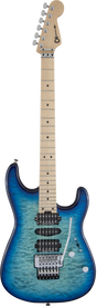 The image shows an electric guitar with a blue burst finish transitioning from deep blue edges to a lighter blue-green center, revealing a quilted maple top. It has a double-cutaway body, maple neck with dot inlays, and chrome hardware. Features include two humbucker pickups with white rings, a Floyd Rose-style locking tremolo bridge, two control knobs, chrome tuning machines, and a locking nut, designed for versatile playing and vibrato effects.