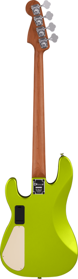 The image shows the back of a 4-string electric bass guitar with a glossy lime green body and natural wood neck. It features four chrome tuning machines with gear-shaped pegs, a vibrant body with classic cutaways, a chrome neck plate, and an access panel likely for electronics and a battery compartment, indicating an active preamp. The instrument has a modern, high-quality finish and eye-catching color.