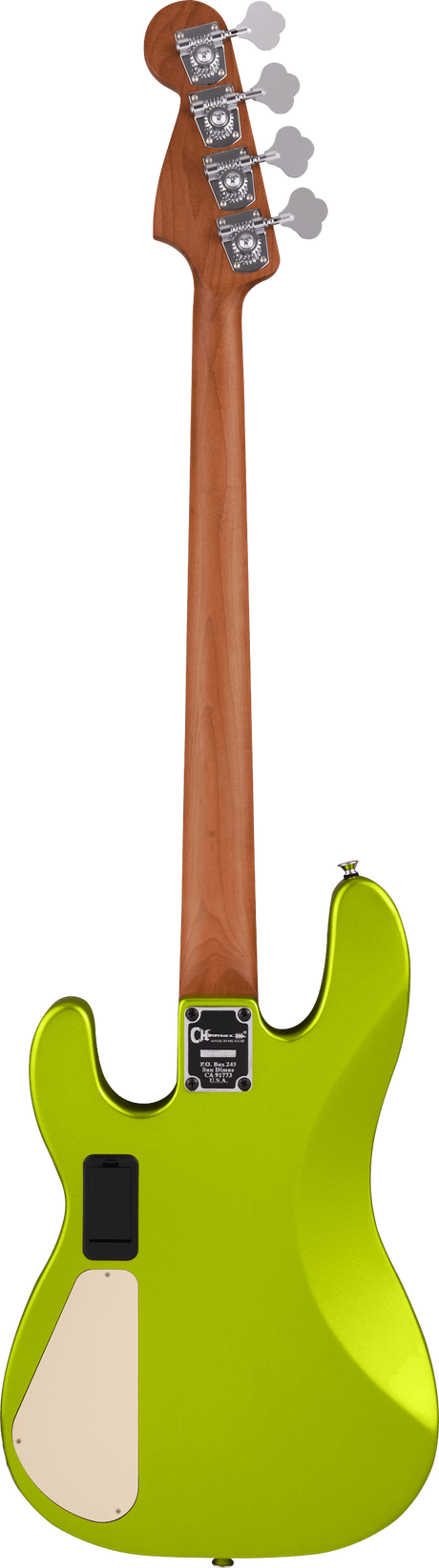 The image shows the back of a 4-string electric bass guitar with a glossy lime green body and natural wood neck. It features four chrome tuning machines with gear-shaped pegs, a vibrant body with classic cutaways, a chrome neck plate, and an access panel likely for electronics and a battery compartment, indicating an active preamp. The instrument has a modern, high-quality finish and eye-catching color.