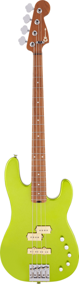 The image shows a 4-string electric bass guitar with a bright lime green/chartreuse offset body, white control knobs, and a matching pickguard. It has chrome hardware, four strings, and multiple single-coil pickups with cream-colored rings. The natural wood neck features a rosewood or pau ferro fretboard with dot markers, chrome tuning pegs, and a headstock with a partly visible logo. The design suits various musical styles and stands out visually.