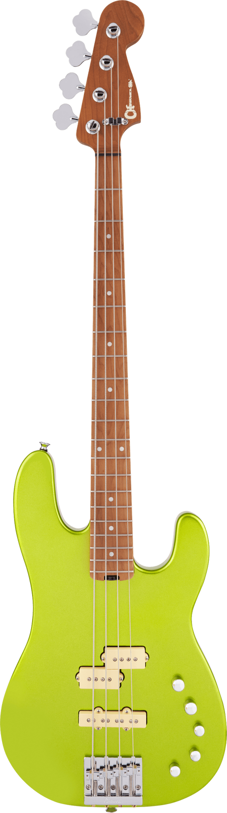 The image shows a 4-string electric bass guitar with a bright lime green/chartreuse offset body, white control knobs, and a matching pickguard. It has chrome hardware, four strings, and multiple single-coil pickups with cream-colored rings. The natural wood neck features a rosewood or pau ferro fretboard with dot markers, chrome tuning pegs, and a headstock with a partly visible logo. The design suits various musical styles and stands out visually.