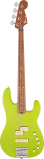The image shows a 4-string electric bass guitar with a bright lime green/chartreuse offset body, white control knobs, and a matching pickguard. It has chrome hardware, four strings, and multiple single-coil pickups with cream-colored rings. The natural wood neck features a rosewood or pau ferro fretboard with dot markers, chrome tuning pegs, and a headstock with a partly visible logo. The design suits various musical styles and stands out visually.
