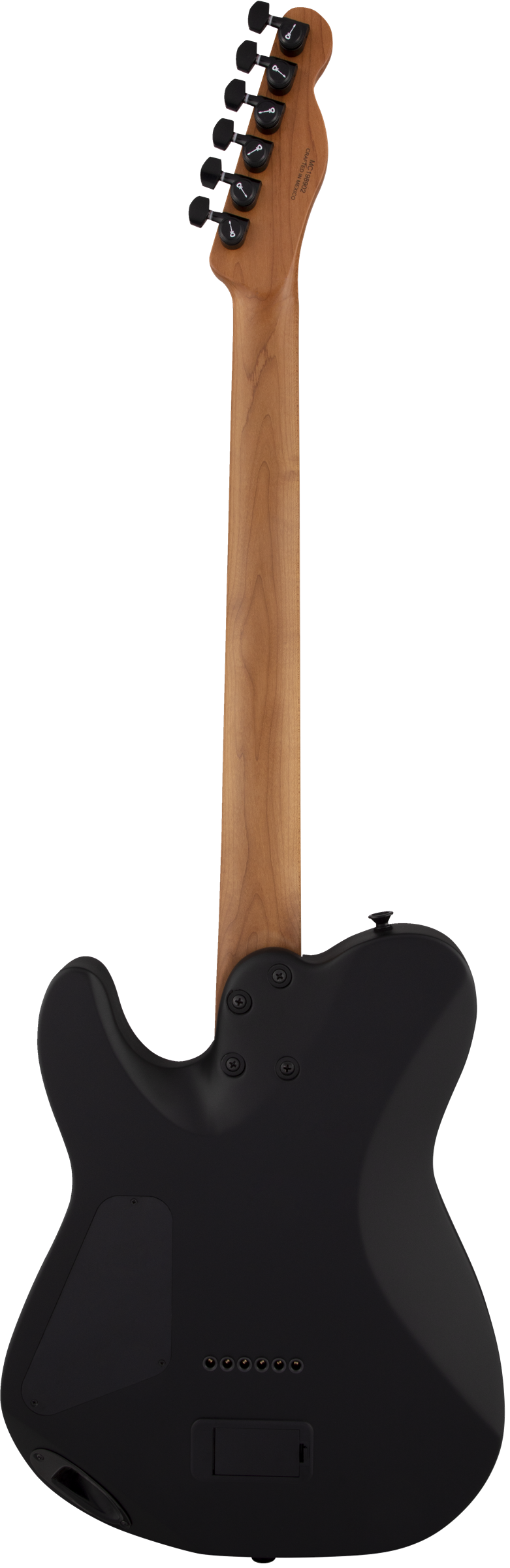 The image shows the back of a black electric guitar with a maple bolt-on neck. The wooden headstock features six black tuning pegs in a 6-in-line layout, typical of Fender-style guitars. The body has a solid finish with visible screws for the tremolo system and electronics cavity. The natural wood grain on the neck contrasts with the black body, giving it a classic and versatile look suitable for various music genres.
