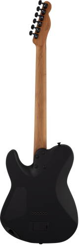 The image shows the back of a black electric guitar with a maple bolt-on neck. The wooden headstock features six black tuning pegs in a 6-in-line layout, typical of Fender-style guitars. The body has a solid finish with visible screws for the tremolo system and electronics cavity. The natural wood grain on the neck contrasts with the black body, giving it a classic and versatile look suitable for various music genres.