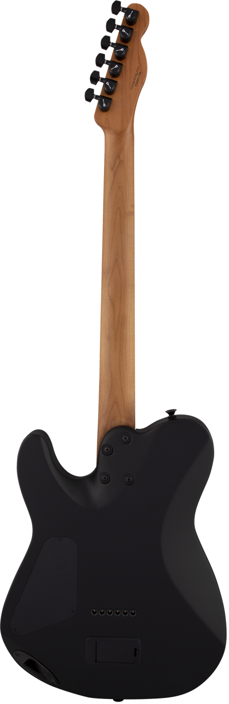 The image shows the back of a black electric guitar with a maple bolt-on neck. The wooden headstock features six black tuning pegs in a 6-in-line layout, typical of Fender-style guitars. The body has a solid finish with visible screws for the tremolo system and electronics cavity. The natural wood grain on the neck contrasts with the black body, giving it a classic and versatile look suitable for various music genres.