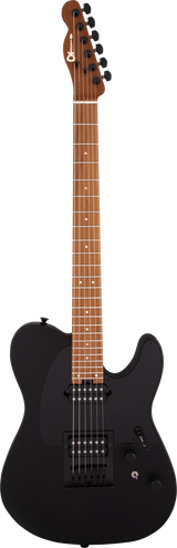 The image shows a classic-style electric guitar with a black matte single-cutaway body and two humbucker pickups. It features black hardware, volume and tone controls, and a black pickup selector. The natural wood neck and fingerboard have white dot inlays. The headstock matches the neck’s finish, has six black tuning pegs, and displays a brand logo. The guitar’s design suits various music styles with a sleek, professional look.