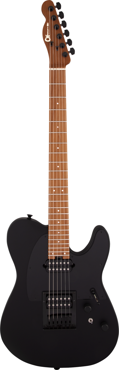 The image shows a classic-style electric guitar with a black matte single-cutaway body and two humbucker pickups. It features black hardware, volume and tone controls, and a black pickup selector. The natural wood neck and fingerboard have white dot inlays. The headstock matches the neck’s finish, has six black tuning pegs, and displays a brand logo. The guitar’s design suits various music styles with a sleek, professional look.