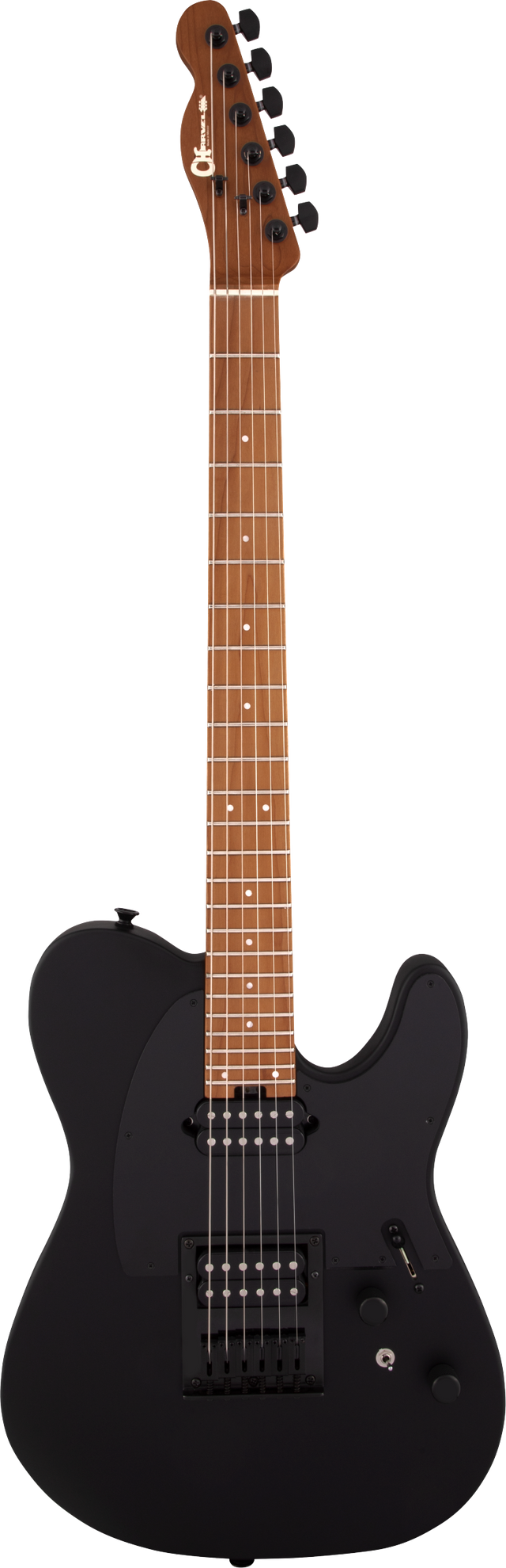 The image shows a classic-style electric guitar with a black matte single-cutaway body and two humbucker pickups. It features black hardware, volume and tone controls, and a black pickup selector. The natural wood neck and fingerboard have white dot inlays. The headstock matches the neck’s finish, has six black tuning pegs, and displays a brand logo. The guitar’s design suits various music styles with a sleek, professional look.