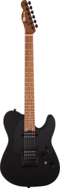 The image shows a classic-style electric guitar with a black matte single-cutaway body and two humbucker pickups. It features black hardware, volume and tone controls, and a black pickup selector. The natural wood neck and fingerboard have white dot inlays. The headstock matches the neck’s finish, has six black tuning pegs, and displays a brand logo. The guitar’s design suits various music styles with a sleek, professional look.