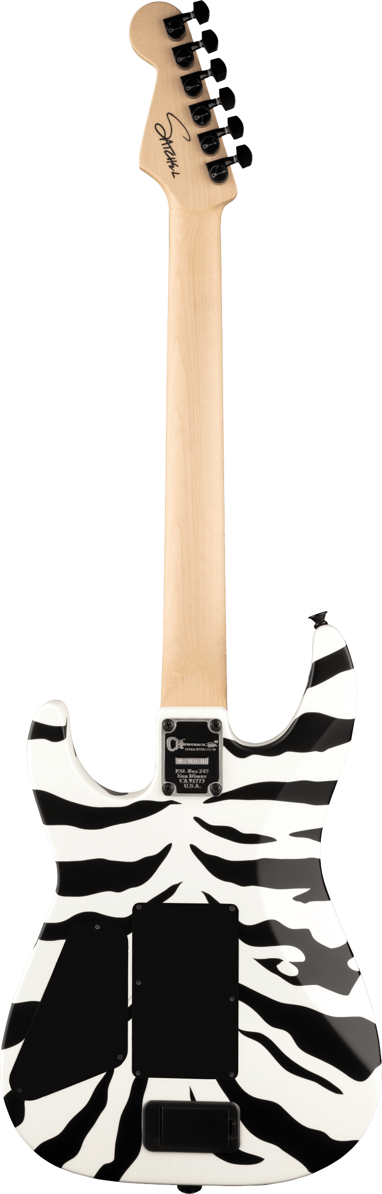 The image shows the back of an electric guitar featuring a black and white zebra-like pattern on a white body. It has a natural maple neck with six black tuning pegs and a headstock branded "Fender." Visible are a neck plate and a battery compartment, indicating an active pickup system. The bold body design contrasts with the light wood neck, creating a striking, modern guitar appearance.