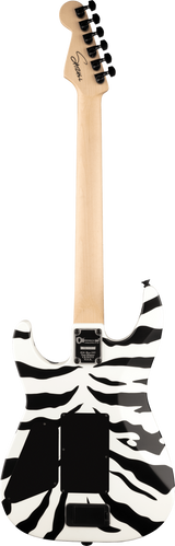 The image shows the back of an electric guitar featuring a black and white zebra-like pattern on a white body. It has a natural maple neck with six black tuning pegs and a headstock branded "Fender." Visible are a neck plate and a battery compartment, indicating an active pickup system. The bold body design contrasts with the light wood neck, creating a striking, modern guitar appearance.