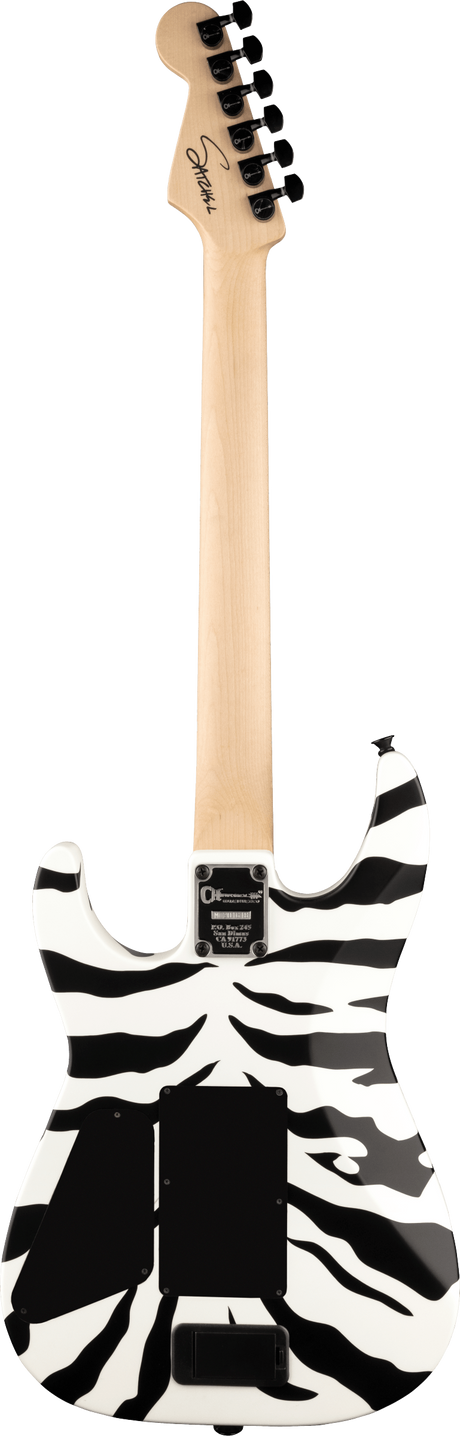 The image shows the back of an electric guitar featuring a black and white zebra-like pattern on a white body. It has a natural maple neck with six black tuning pegs and a headstock branded "Fender." Visible are a neck plate and a battery compartment, indicating an active pickup system. The bold body design contrasts with the light wood neck, creating a striking, modern guitar appearance.