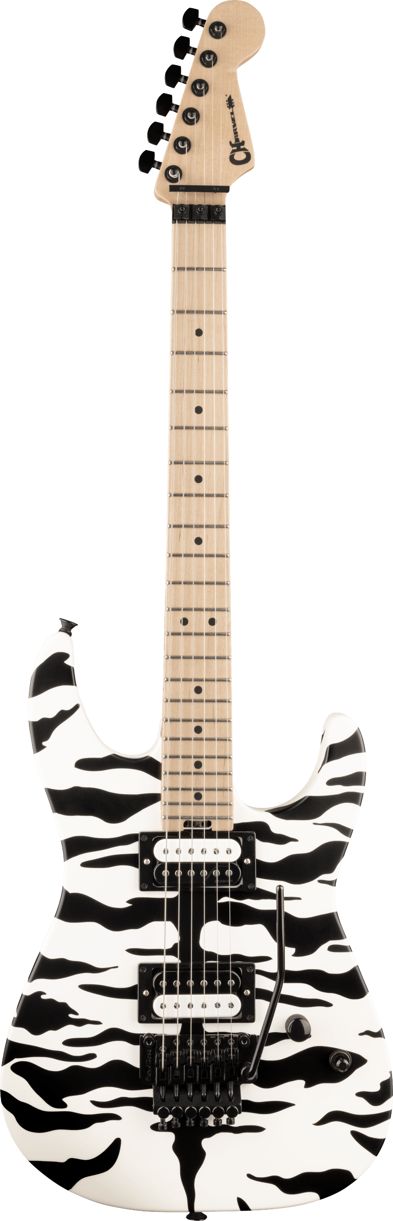 The image shows a Charvel electric guitar with a white body featuring a bold black abstract or camouflage pattern. It has two black humbucker pickups, a black tremolo bridge, black control knobs, and hardware. The neck is light-colored with dot inlays, and the headstock has black tuning pegs. This modern guitar is designed for rock or metal styles, combining visual impact with versatile hardware for expressive playing.